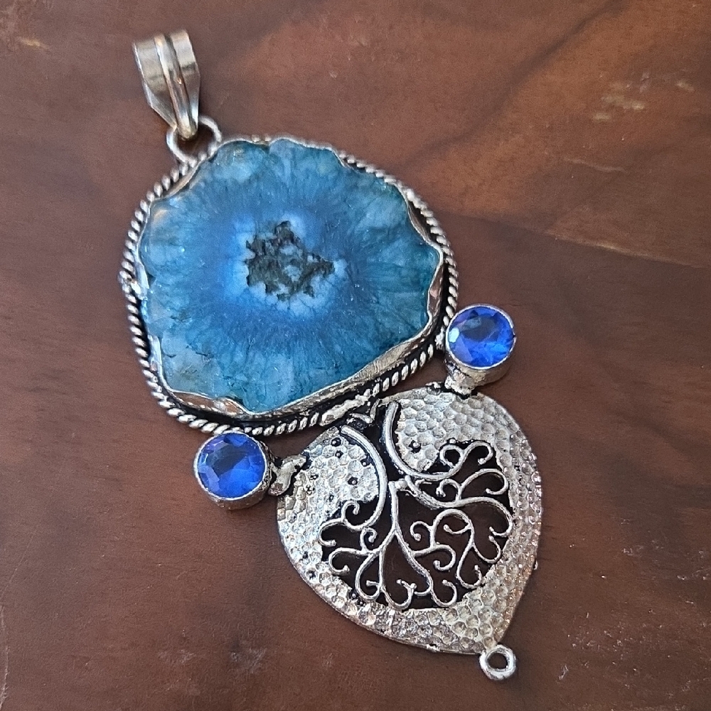 Silver Plated Blue Solar Quartz Tree of Life Pendant